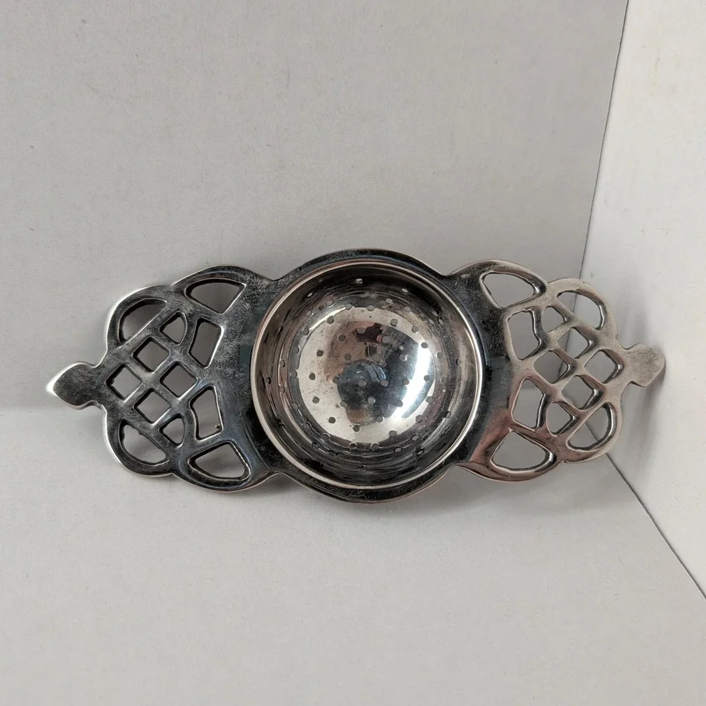 Silver Plate Tea Strainer Infuser Filigree Openwork Handles Victorian Art Deco